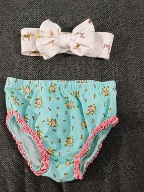 Matilda Jane Aqua Floral Ruffle Diaper Cover Bundled with Kyle & Deena Headband